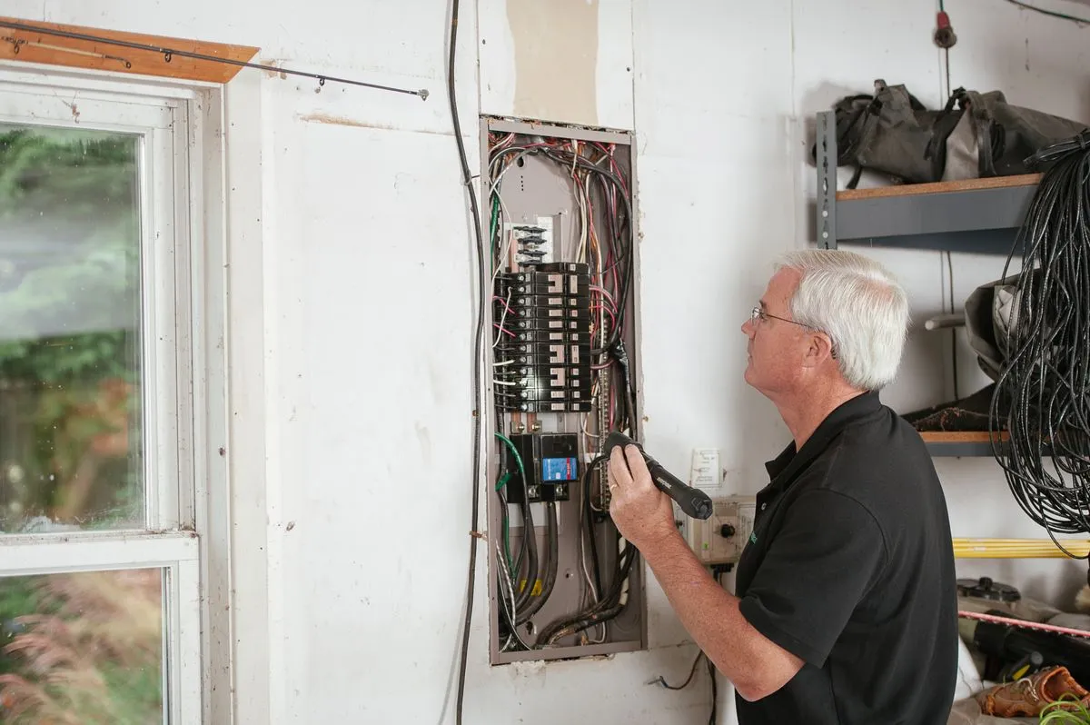 Electricista revisando el tablero eléctrico de una casa