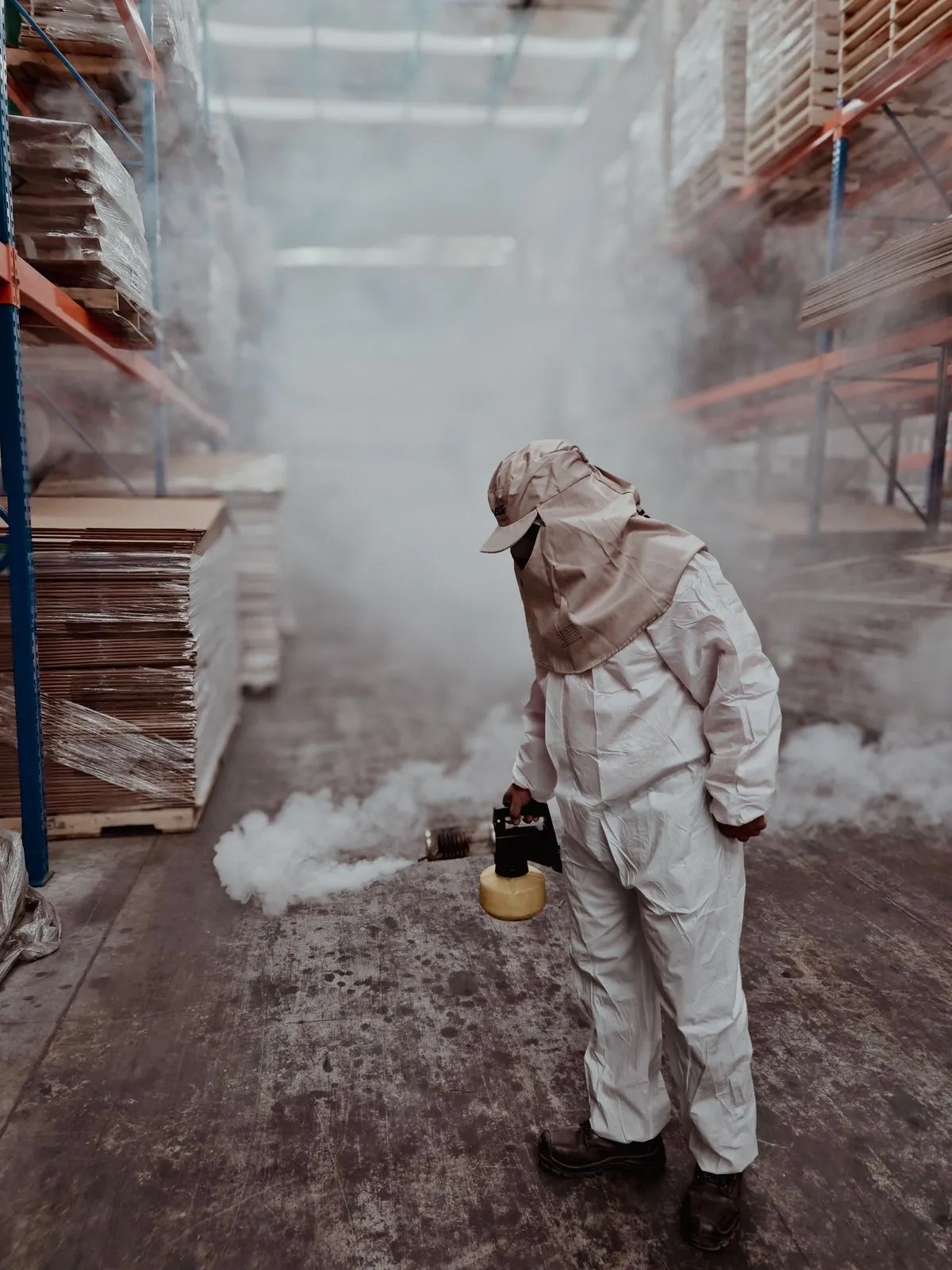Técnico fumigando un depósito con equipo de protección