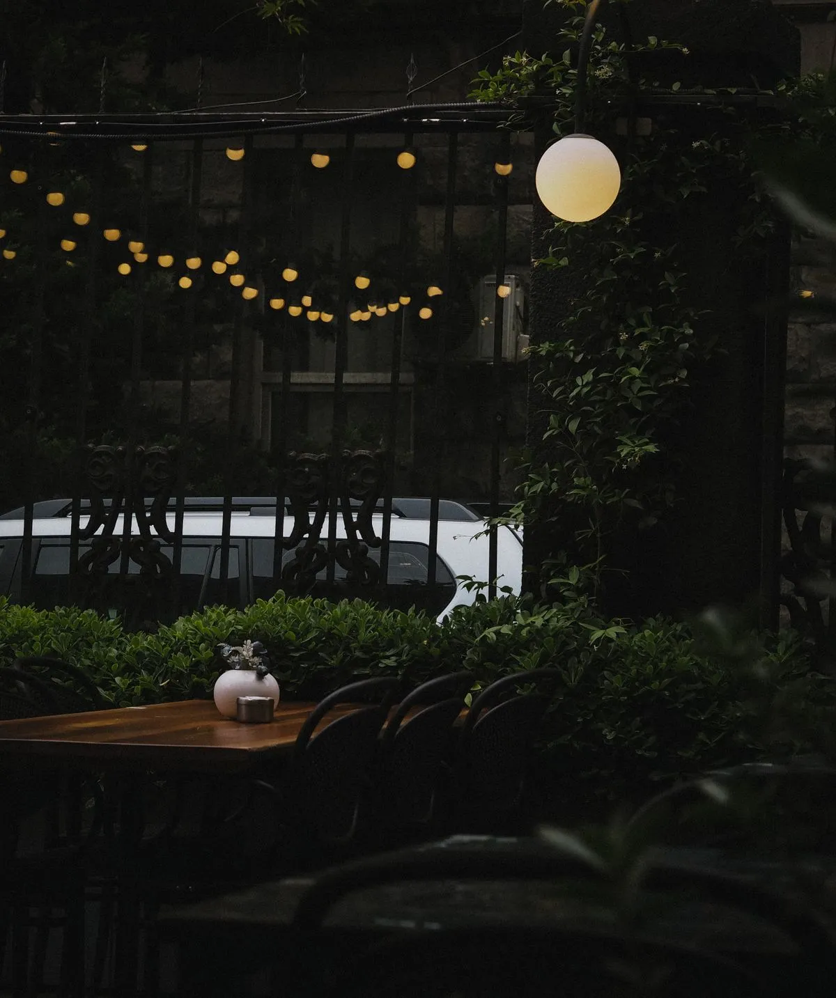 Terraza de noche con guirnaldas de luces cálidas y vegetación