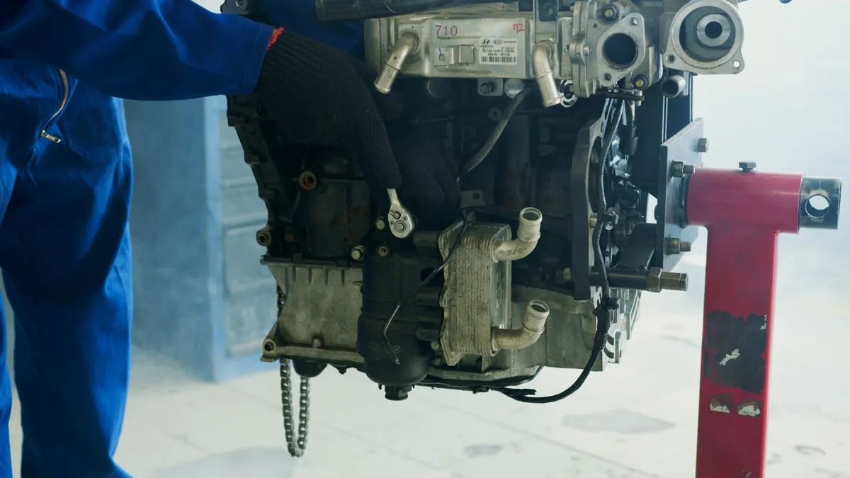 Mecánico trabajando en un conjunto de motor desmontado