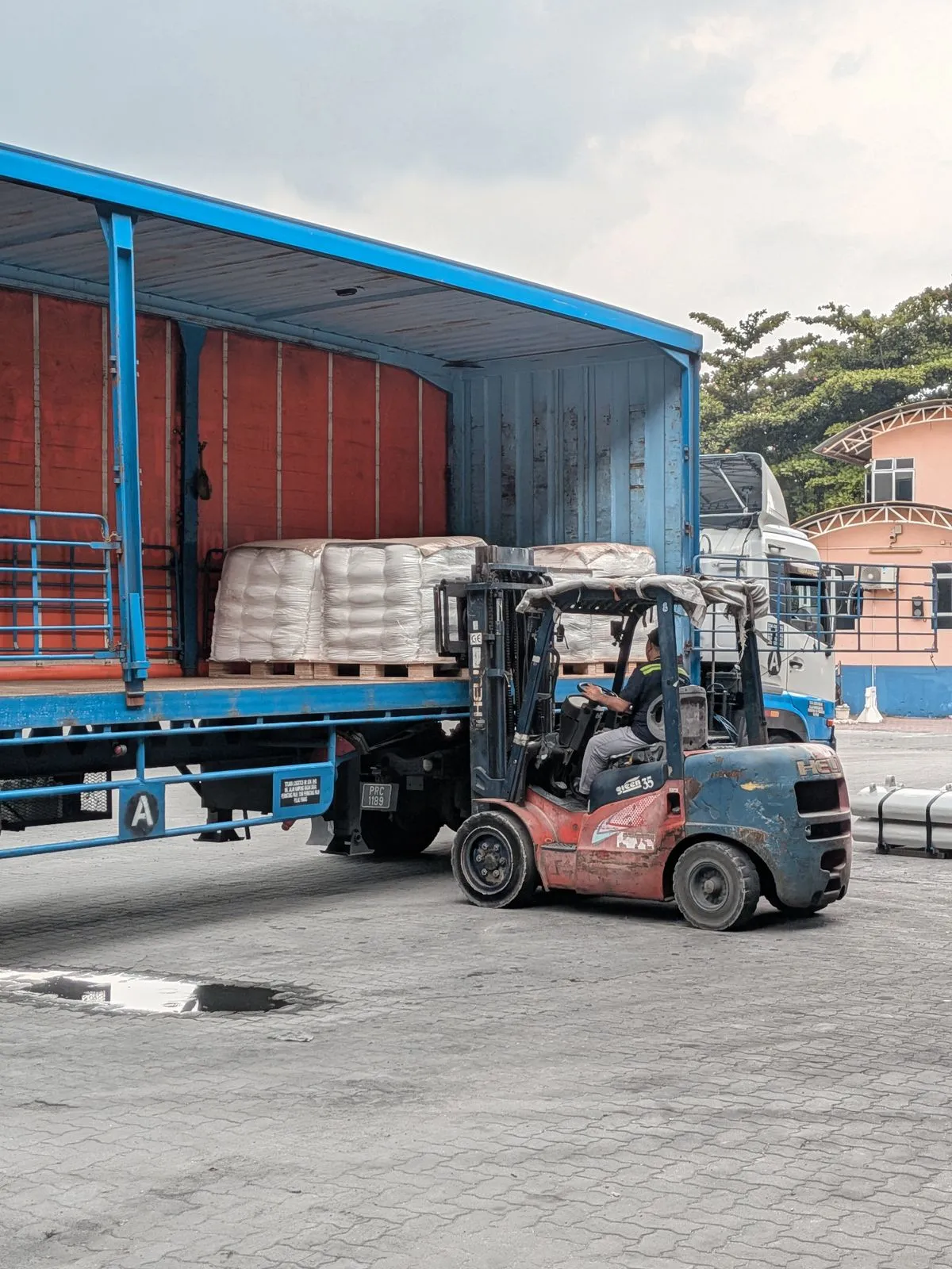 Montacargas cargando pallets en un camión